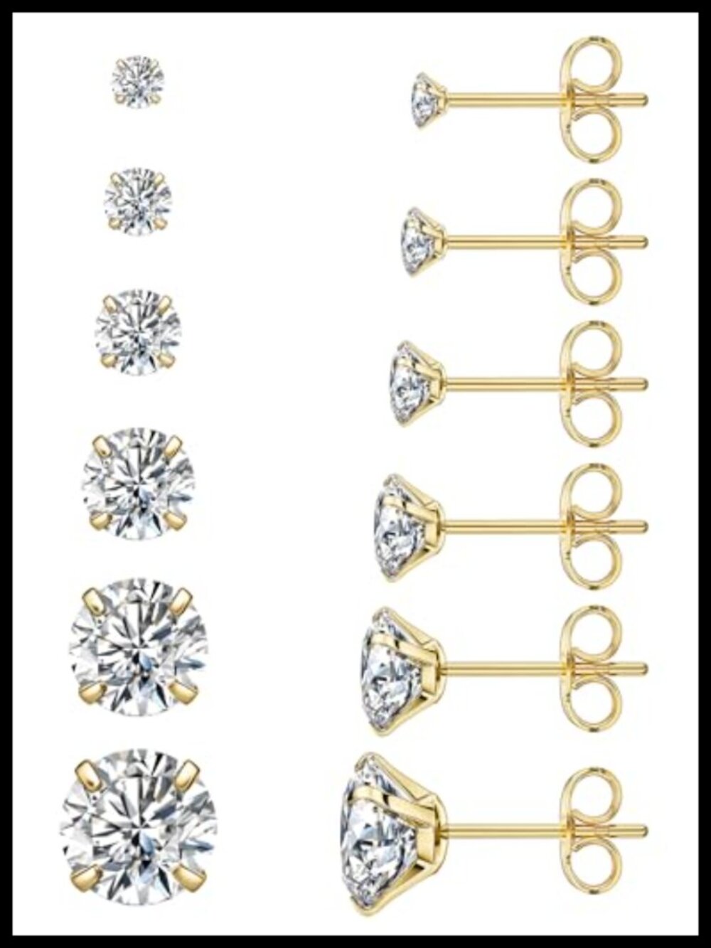 6 Pairs Stud Earrings Set Hypoallergenic Cubic Zirconia 316L Stainless Steel